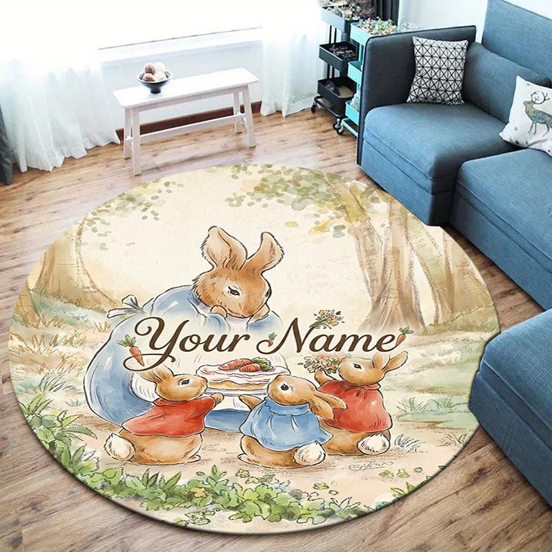 Easter Bunny Picnic Custom Name Round Area Rug Carpet Rug For Living Room Bedroom Sofa Playroom Decor Nonslip Floor Mat