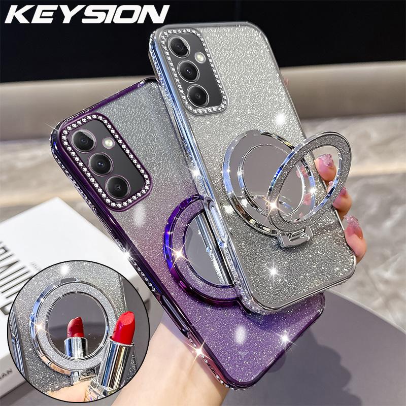 KEYSION Luxury Glitter Jewelled Magnetic Phone Case for Samsung Galaxy A54 5G A34 A24 A14 Makeup Mirror Stand Shockproof Cover