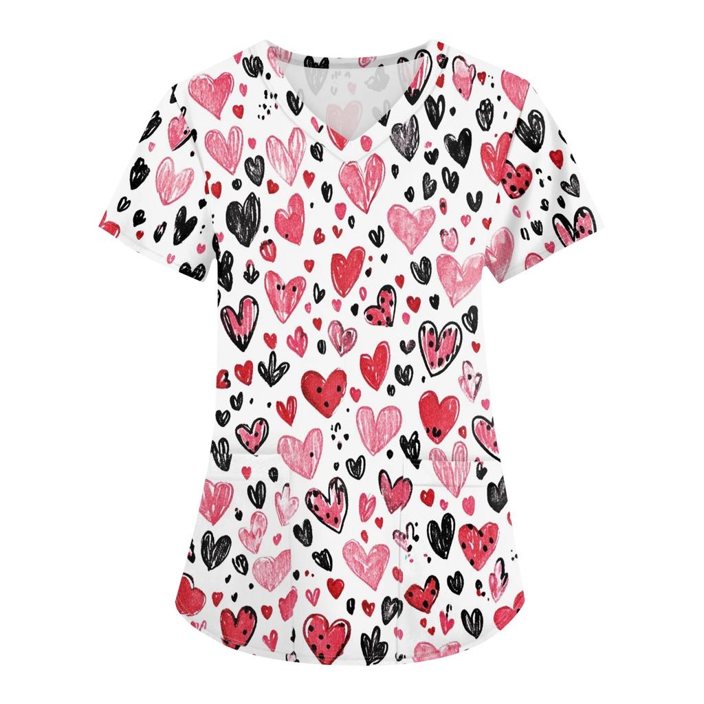 Women's Fashion V-neck Short-sleeved Work Clothes With Pockets Valentine's Day Print Top Care Wear
