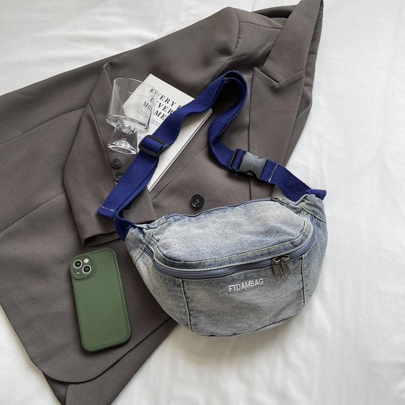 Geantă de piept din denim pentru femei, geantă de umăr cu capacitate mare, geantă de talie