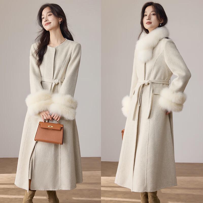 VICTORIA&VERA Women's Fox Fur Collar Wool Long Coat