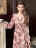Elegant French Floral Print Cross Strap Dress for Women - Slimming Base Layer in Light Mature Style