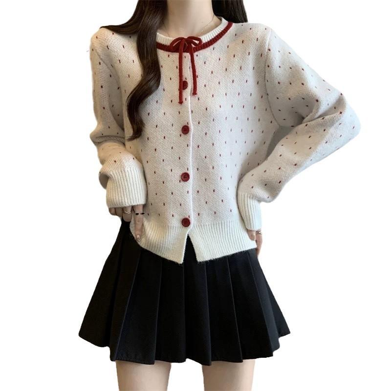 Designer Color Block Round Neck Heart Jacquard Knit Cardigan Spring Loose Long Sleeve Top Sweater Small Coat