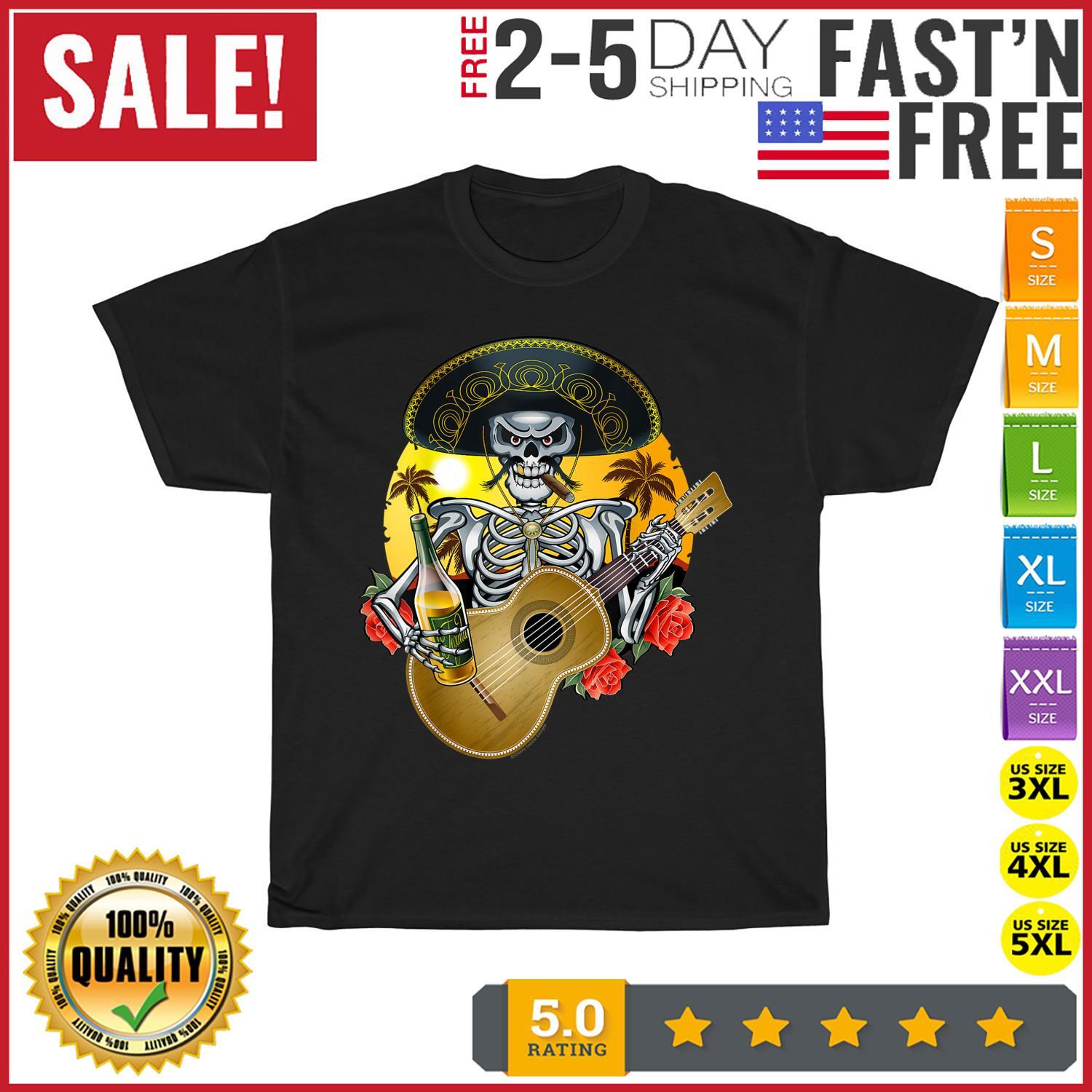 Mariachi Skeleton Dia De Los Muertos Day of the Dead Vintage T Shirt Mens Womens Tees Top Men Women 2XL