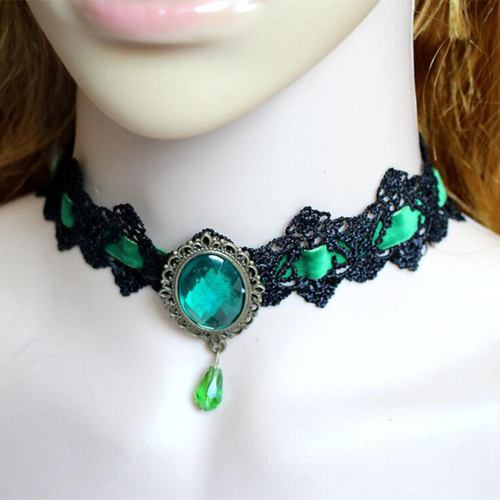 Gothic Sparkling Gemstone Necklace Collar Retro Punk Black Lace Choker Halloween Vintage Chain Vampire Jewelry Accessories New