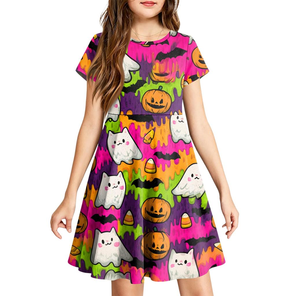 Girls Halloween Printed Short Sleeve Dress with Pockets for Party Costume