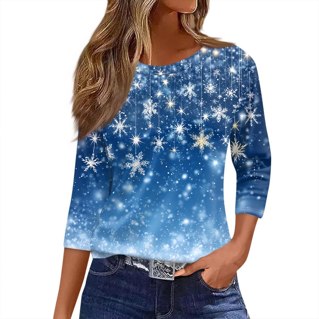 Damen T-Shirt mit Weihnachtsdruck, 3/4-Ärmel, für den Alltag, Wochenendmode, Basic, Rundhalsausschnitt, normales Oberteil