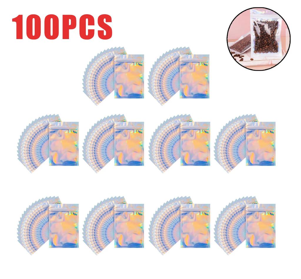 Resealable Holographic Rainbow Mylar Bags Smell Proof Ziplock Pouches for Food Storage and Party Favor Packaging