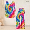 Women Plus Size V Neck Three Quarter Sleeve Colorful Printed Flared Top And Flared Pants Two Piece Set