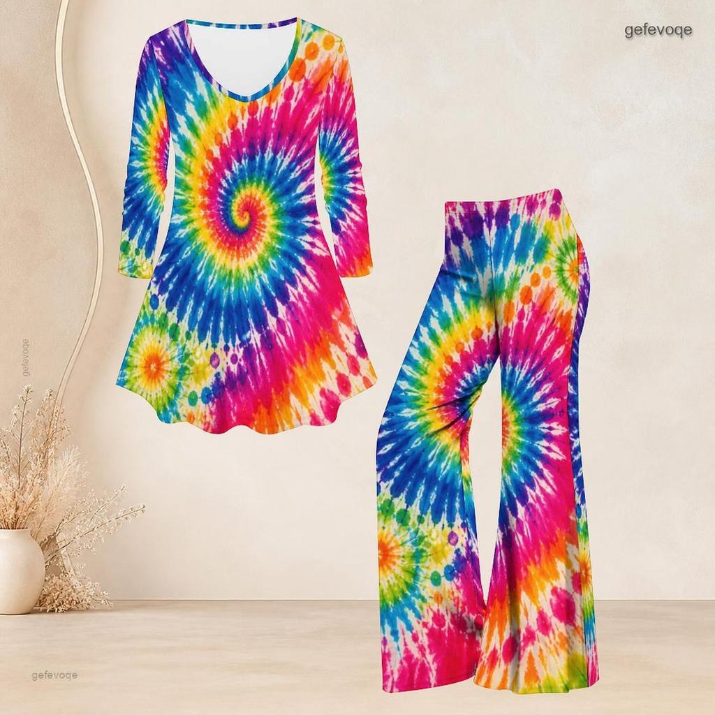 Women Plus Size V Neck Three Quarter Sleeve Colorful Printed Flared Top And Flared Pants Two Piece Set