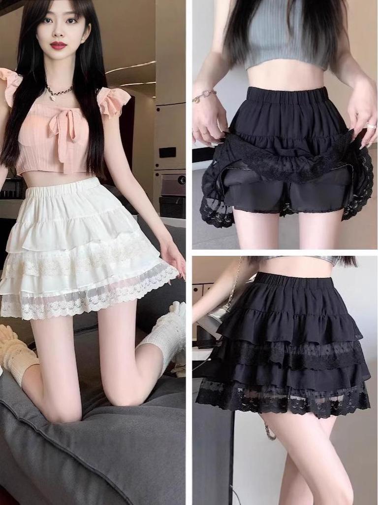 White Lace A-Line Mini Skirt: High Waist, Slimming, Puffy Design for Summer.