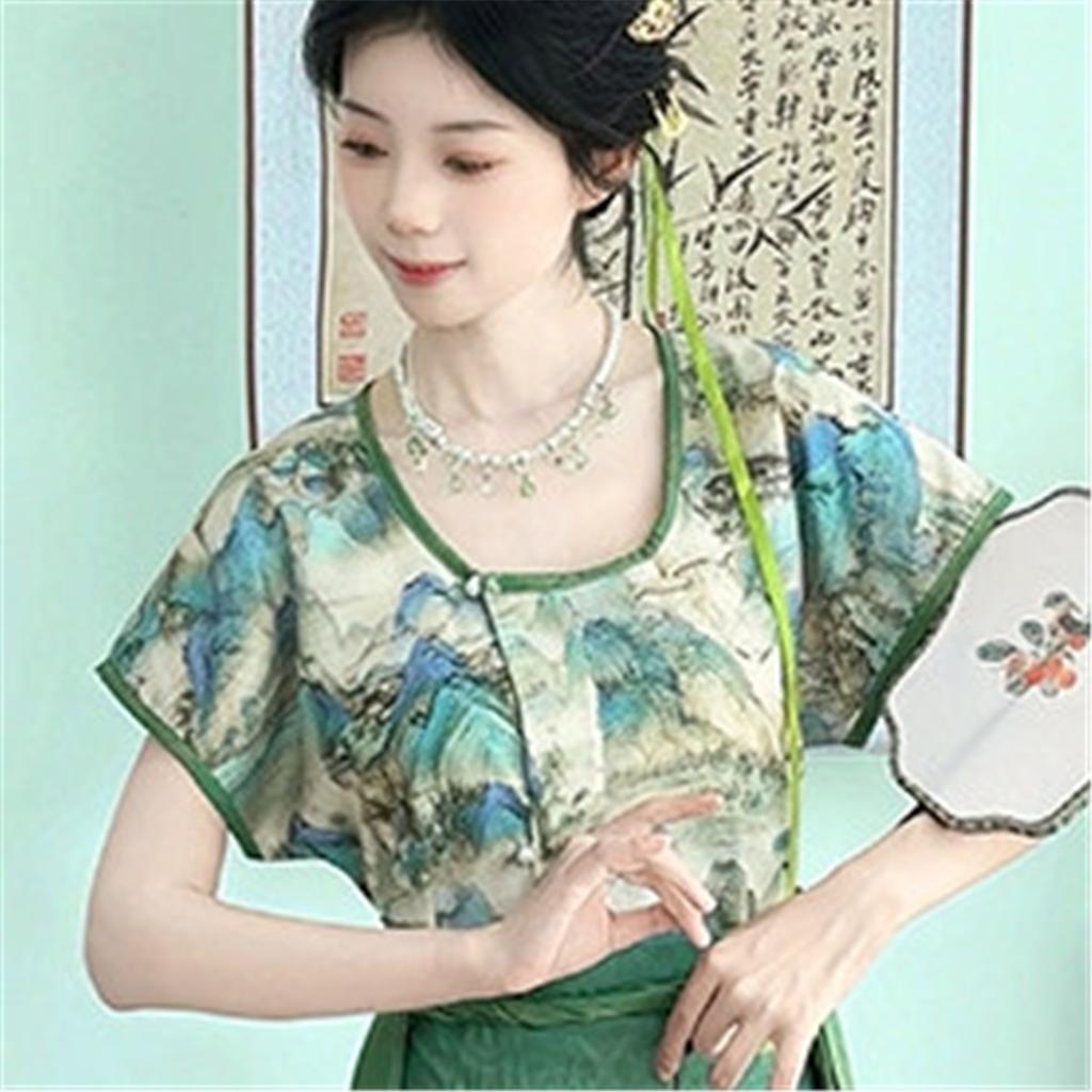 Chinese Tang Dynasty Style Hanfu Women's Tang Beizi Crew Neck Shirt Daily Waist-length One-piece Skirt