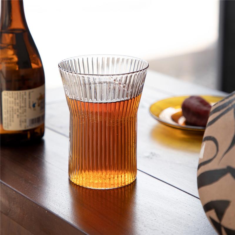 Japanese Handmade Transparent Striped Glass – Retro Whisky, Tea, Juice, and Wine Cup – Heat-Resistant