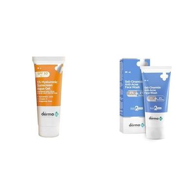 The Derma Co 1% Hyaluronsäure Sonnencreme LSF 50 Aqua Gel, PA++++, Leicht & The Derma Co Sali-Cinamid Anti-Akne Gesichtswaschgel - 80ml
