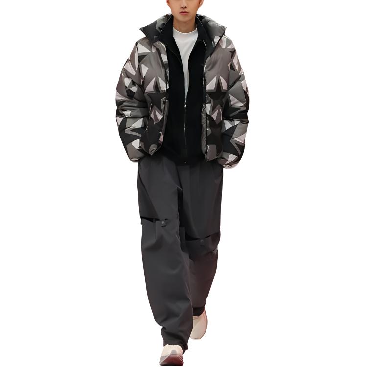 Li Ning Full Print Zipper Stand Collar Long Sleeve Down Jacket Men Outerwear Black AYMT371-1