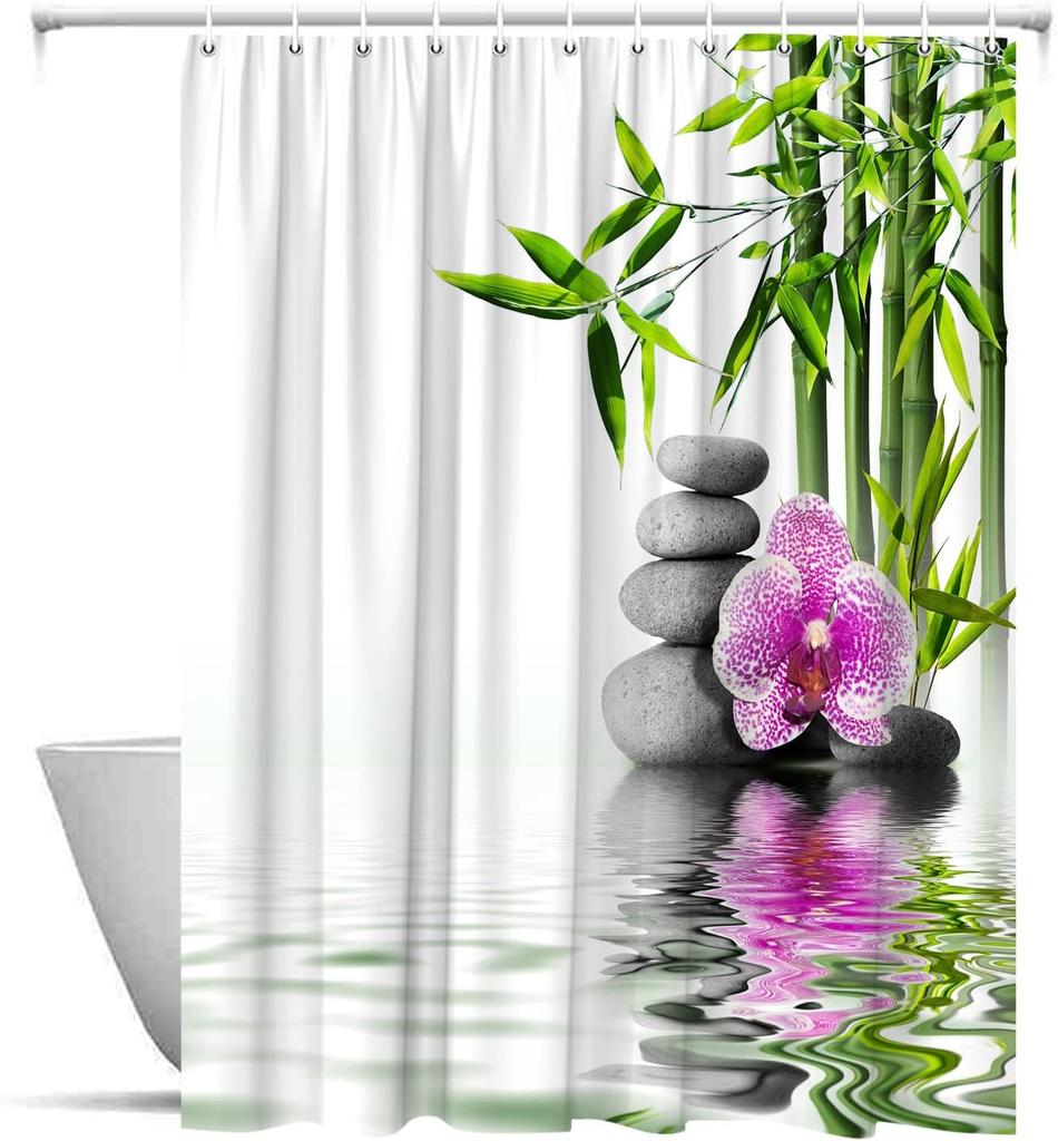 Zen Shower Curtains Green Bamboo Purple Flower Stone Reflection Water Landscape Spa Garden Pattern Print Bathroom Accessories