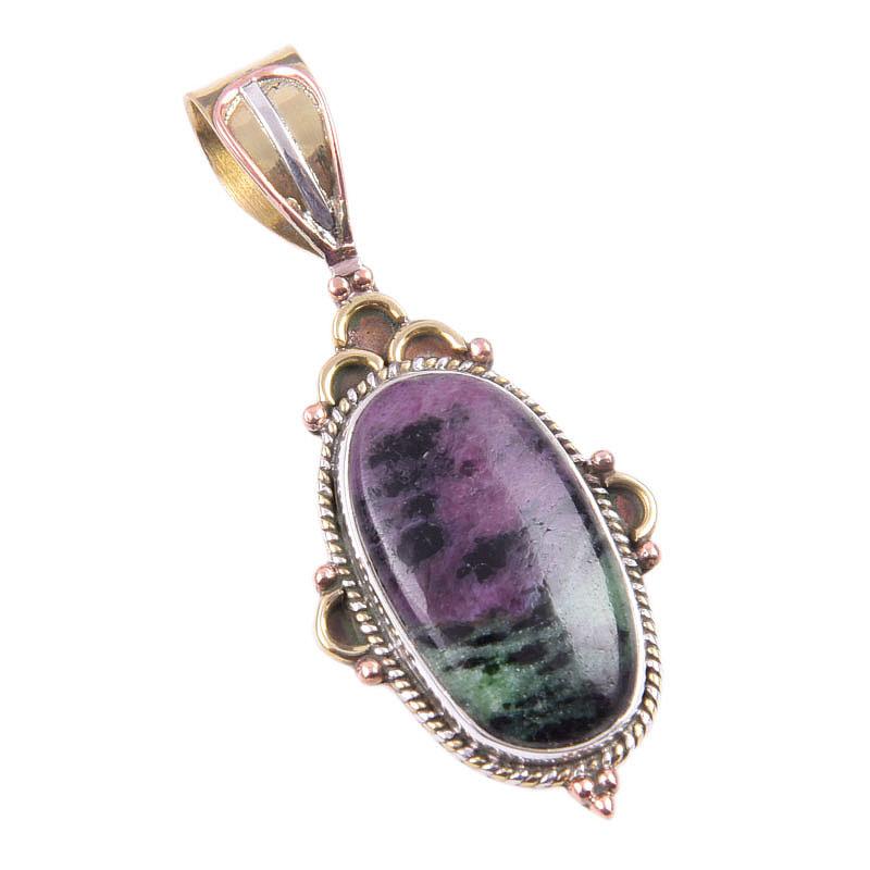 Ruby In Zoisite Lab-Created 925 Sterling Silver Gift Two Tone Pendant 1.75" I0O51