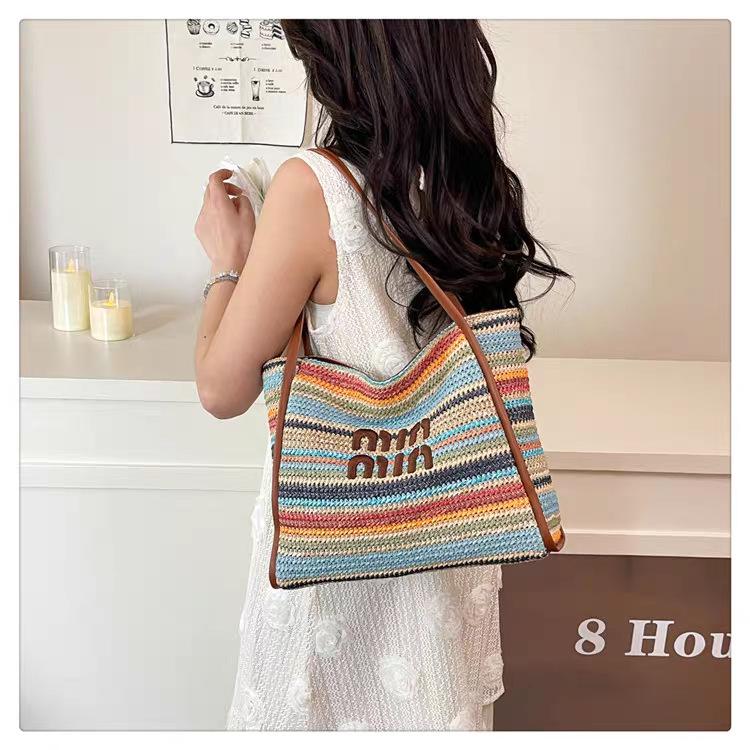 Радужная плетёная сумка женская ранняя модная большая вместительная сумка-тоут корейский стиль высококачественная подмышечная 36x11x27