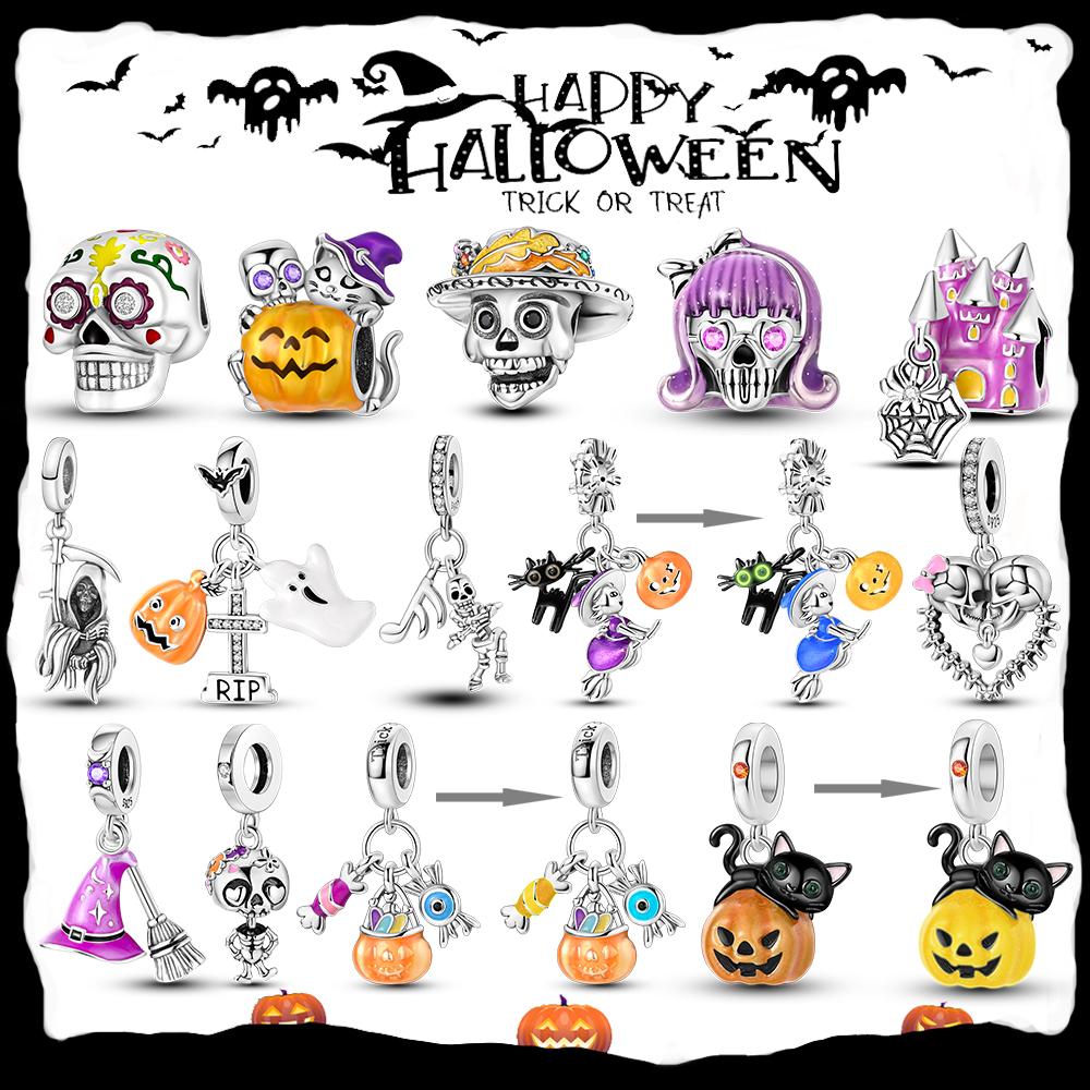 Halloween Charmscopper Black Cat Pumpkin Skull Ghost Witch Beads Pendant Fit Original Bangle Bracelet Diy Jewelry Charm