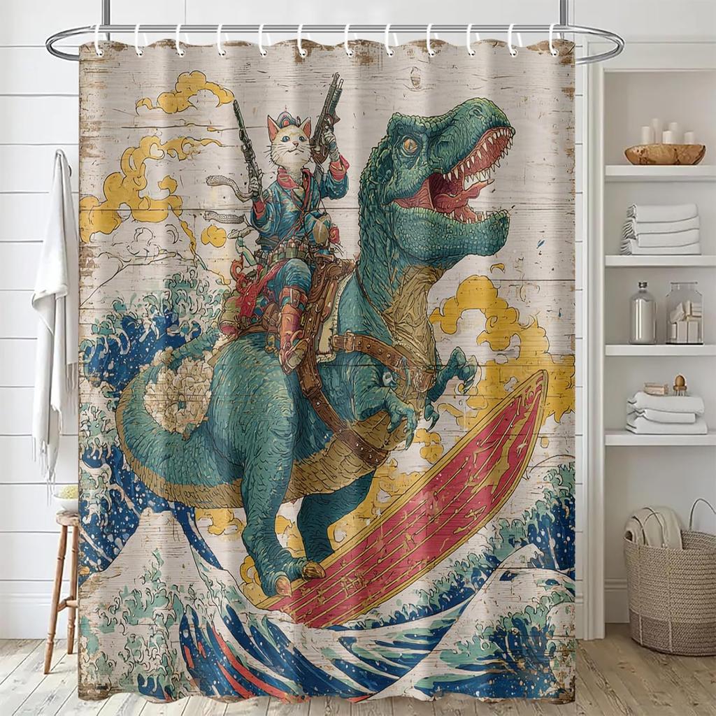 Tenda da Doccia Dinosauro Surfista 72X72 Pollici Arte Gatto Cyberpunk Fresco Arredo Bagno Stile Onda Giapponese Tessuto Impermeabile