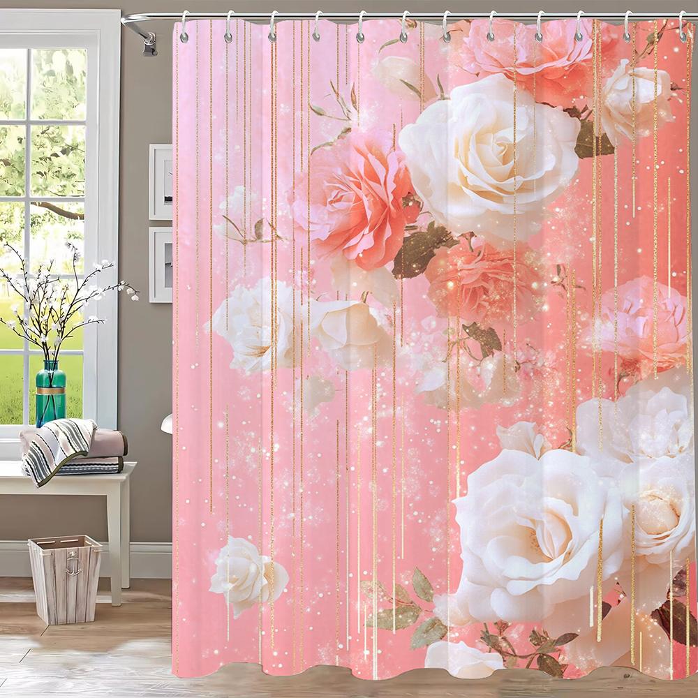 Pink Flower Shower Curtain For Women Bridal Wedding, Pink Flowers Romantic Suitable For Girls Hanging Curtain With Hooks