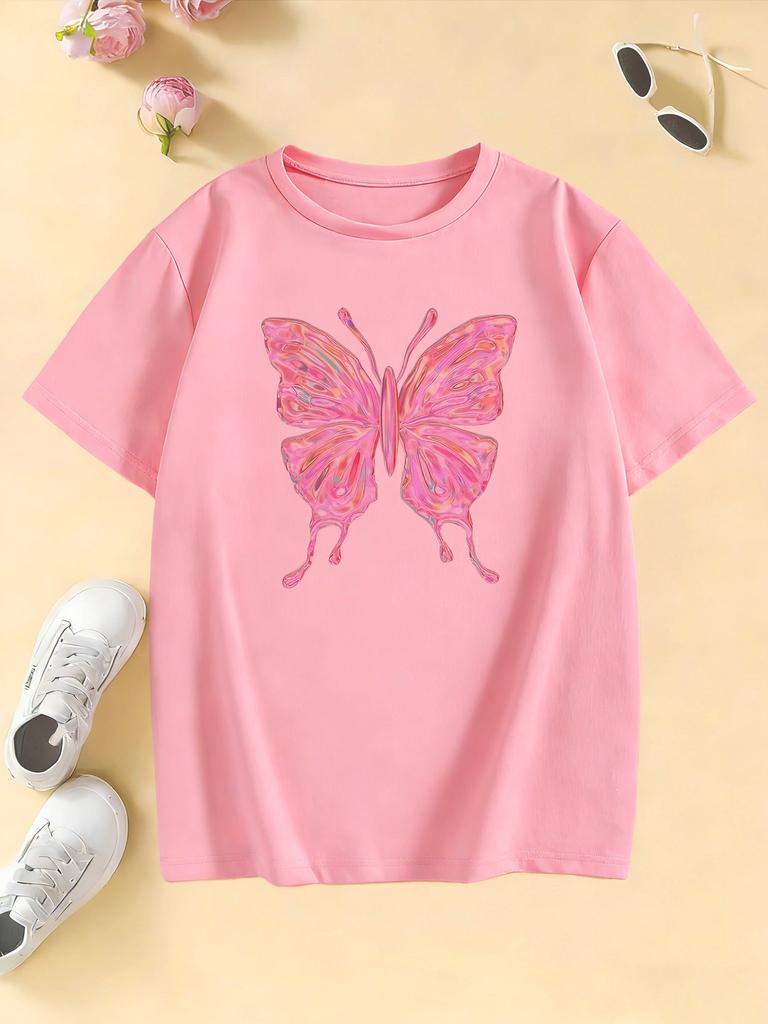 Fashion Pink Color Butterfly T Shirts Y2k Graphic Kids Children's T-shirt Boys Girls Summer Spring Casual Top Tee Shirt