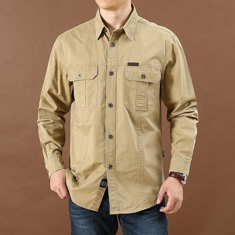 Men s Utility Button Down Shirt - Casual Long Sleeve with Chest Pockets M хаки