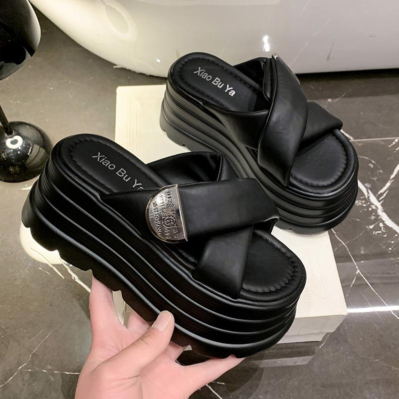Fashion Summer Chunky Sandals Women's Thick Bottom Wedge Heels Slides 8CM High Heels Platform Leather Casual Beach Flip Flops Woman