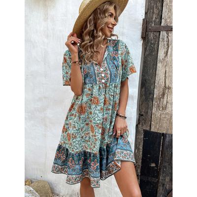 Damen Böhmischer Stil Blumendruck Lässiges Urlaubs-Strandkleid mit Schnürhals und niedlicher Babydoll-Silhouette Urlaubs-Strand-Outfit