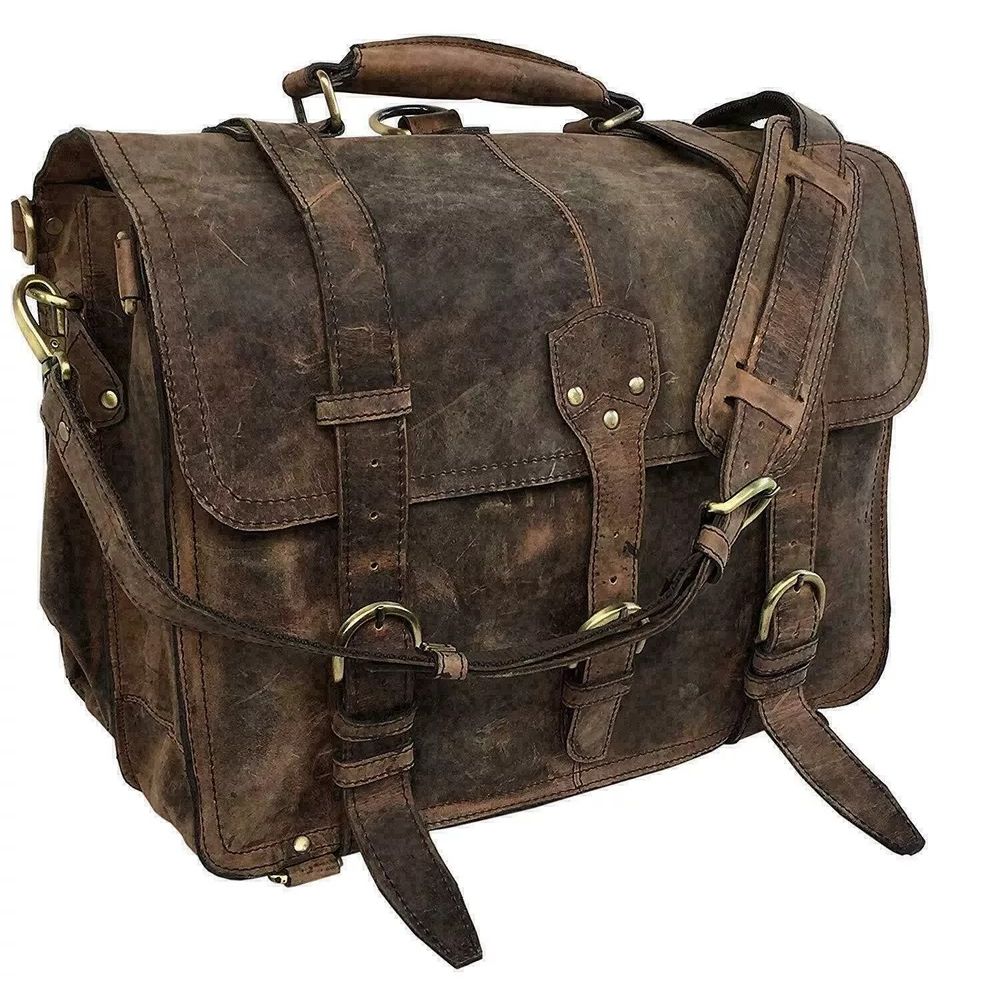 Vintage Brown Genuine Buffalo Leather Messenger Bag 16"Laptop Briefcase Satchel
