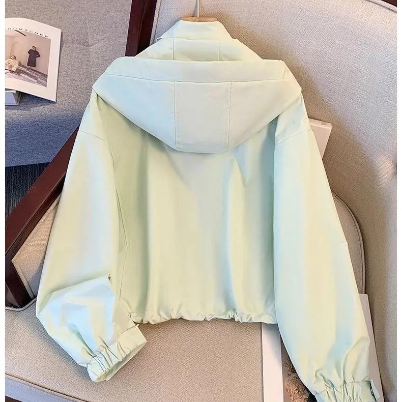 Women's Spring and Autumn Short Hooded Jacket Lady Solid Casual Loose Thin Work Jacket Student Zipper Top