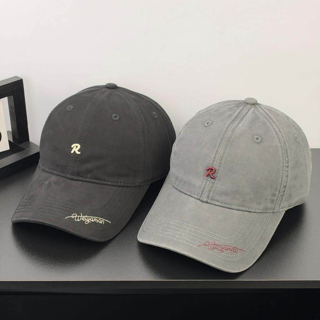 Fashion Hat Korean version embroidery R letter Weiya man pure cotton soft top baseball cap women's big head circumference shows face small shade cap