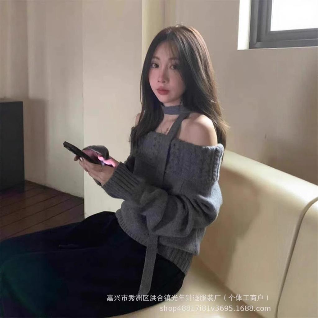 1011 Spring and Autumn New Grey Shoulder Sweater Girly Loose External Wear Lazy Wind Beautiful Knitted Sweater