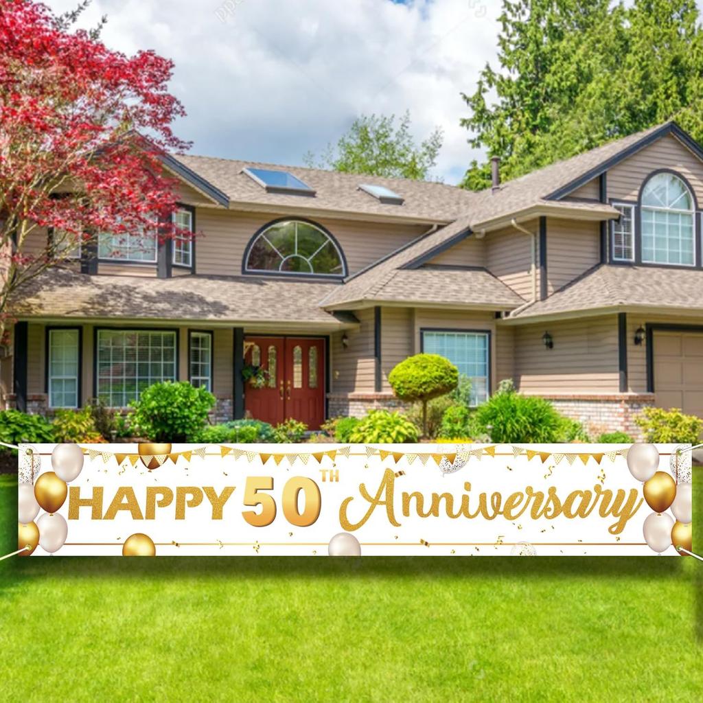 Happy 70th Anniversary Banner Sign - 9.8x1.6FT White & Gold Wedding Decor for Couples, Outdoor Yard Party Decorations, 70th Anniversary Banner for