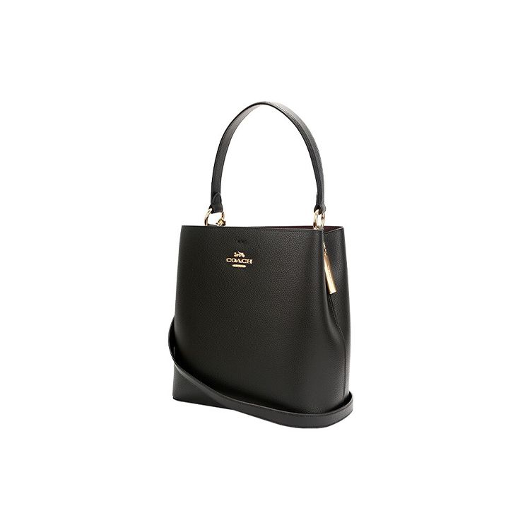 Coach Town 26 Gold Logo Detachable Shoulder Strap Solid Pebbled Leather Bucket Bag Crossbody Shoulder Bag Medium Women bags Black 91122-IMLON
