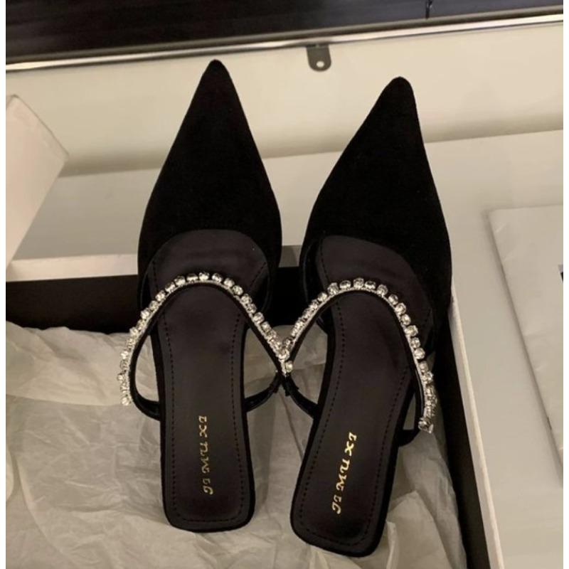 Fashion New Women's Black Rhinestones Heeled Mules Pump for Women Elegant Sparkly Sandals Slippers Women's Sexy High Heels Slingbacks