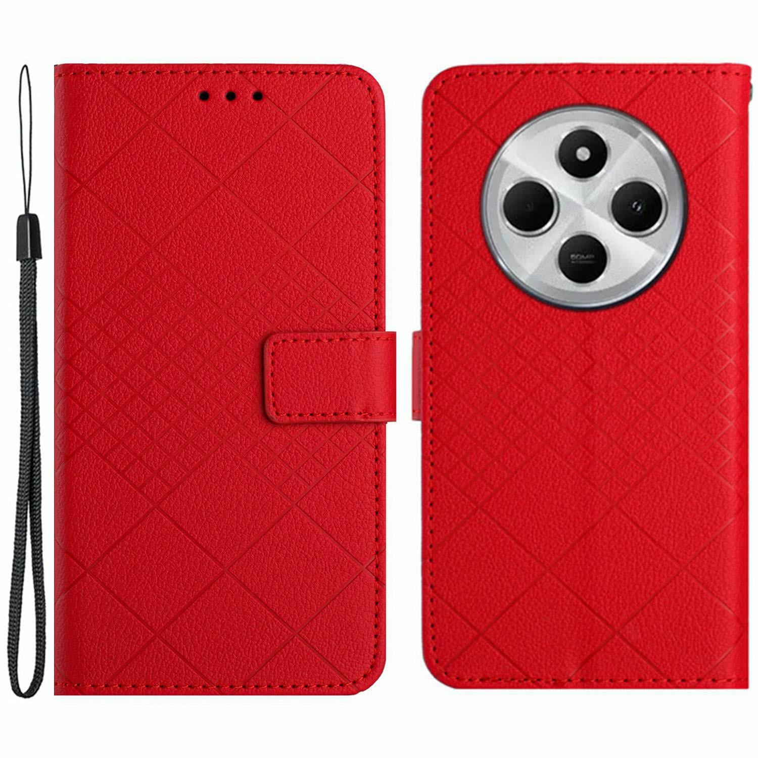 

HT06 For Xiaomi Poco C75 4G/Redmi 14R 5G/14C 4G Wallet Phone Case Imprint PU Leather Flip Folio Cover Red