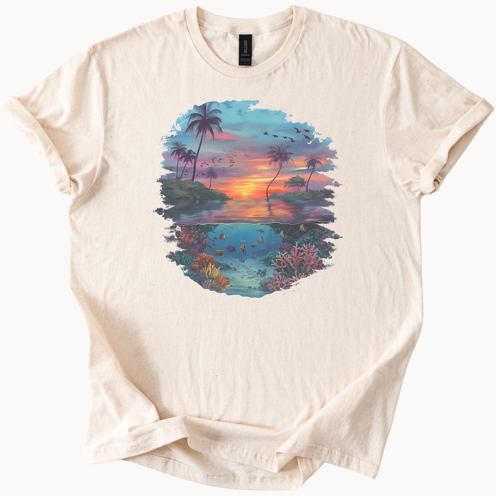 Tropical Sunset Beach Graphic T Shirt Palm Trees Ocean Underwater Coral Reef Fish Artistic Summer Nature Scene Tee 150