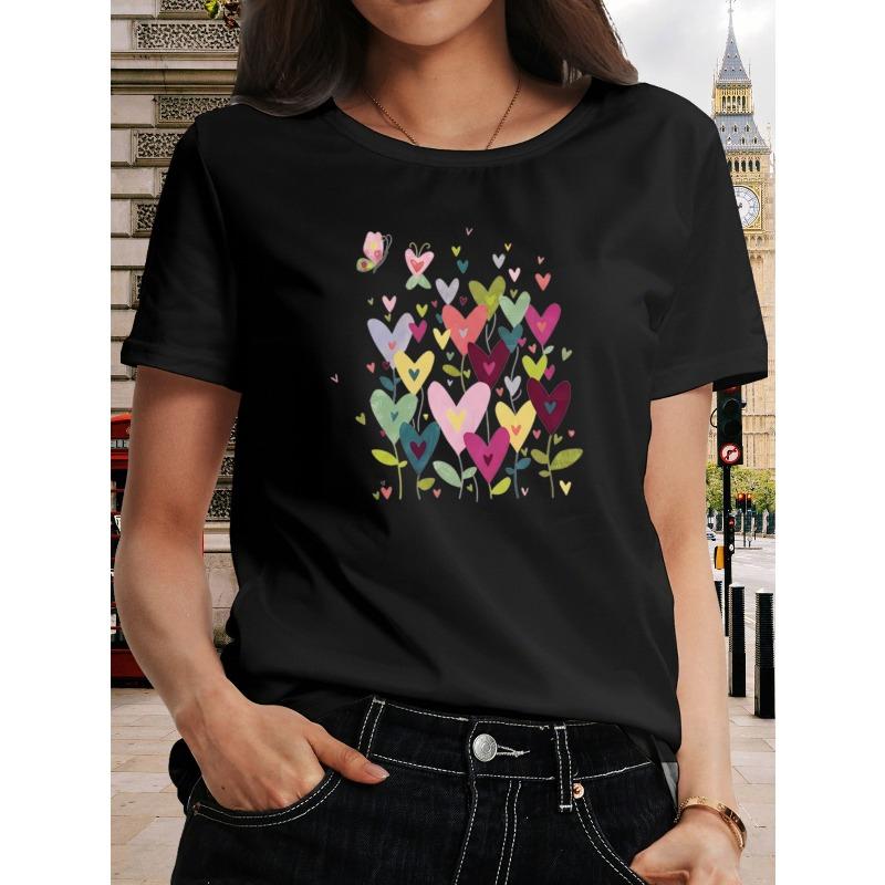 

European size Women s Colorful Heart Pattern T-Shirt - Suitable for Valentine s Day, Short-sleeved, Casual 4XL чорний
