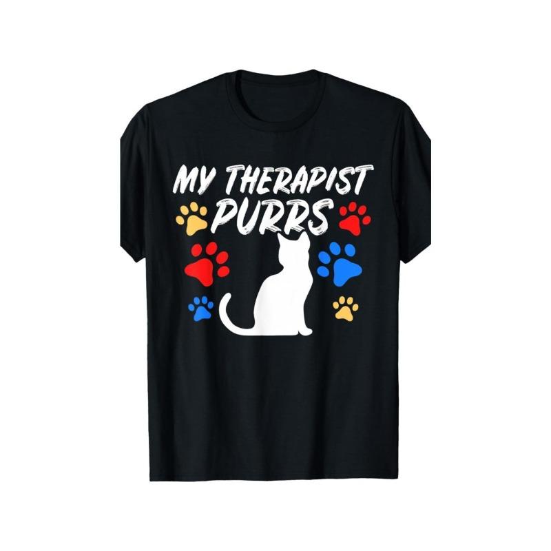 

European sizes My Therapist Purs Cat Lover T-Shirt - Funny & Comfortable Tee for Men , Black with Colorful Paw Prints & Cat Illustration, 4XL чорний