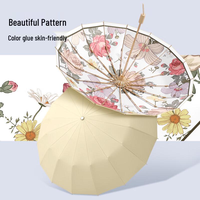 16-Rib Retro Floral UV Protection Folding Umbrella