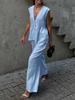 Women 2 Piece Outfit Sleeveless V-Neck Button Vest Top Long Pants Set Solid Color Cotton Elegant Commuter Suit