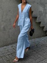 Women 2 Piece Outfit Sleeveless V-Neck Button Vest Top Long Pants Set Solid Color Cotton Elegant Commuter Suit