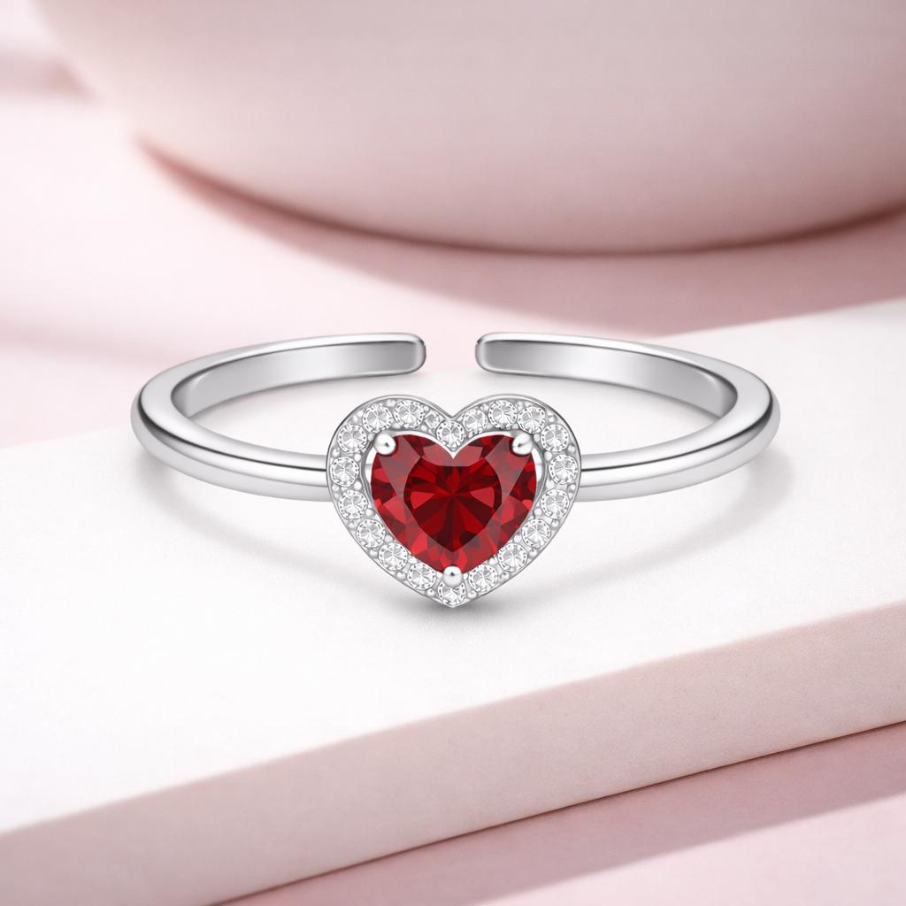 Red CZ Heart Halo Open Adjustable Ring –925 Sterling Silver