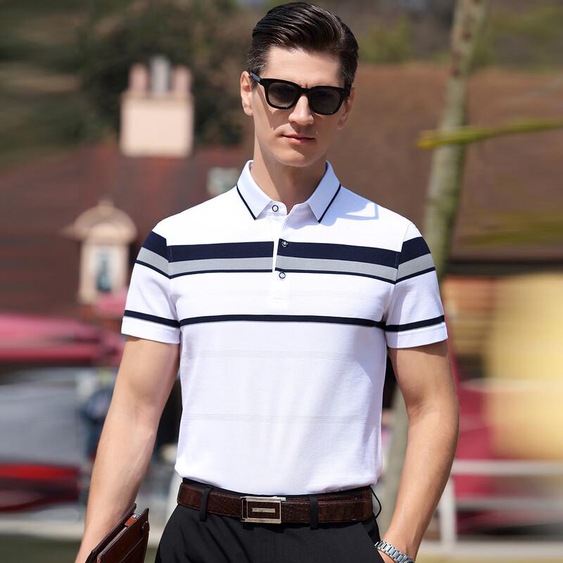 JOW Men s Silk Blend Color Block Striped Short Sleeve Polo T-shirt L/50