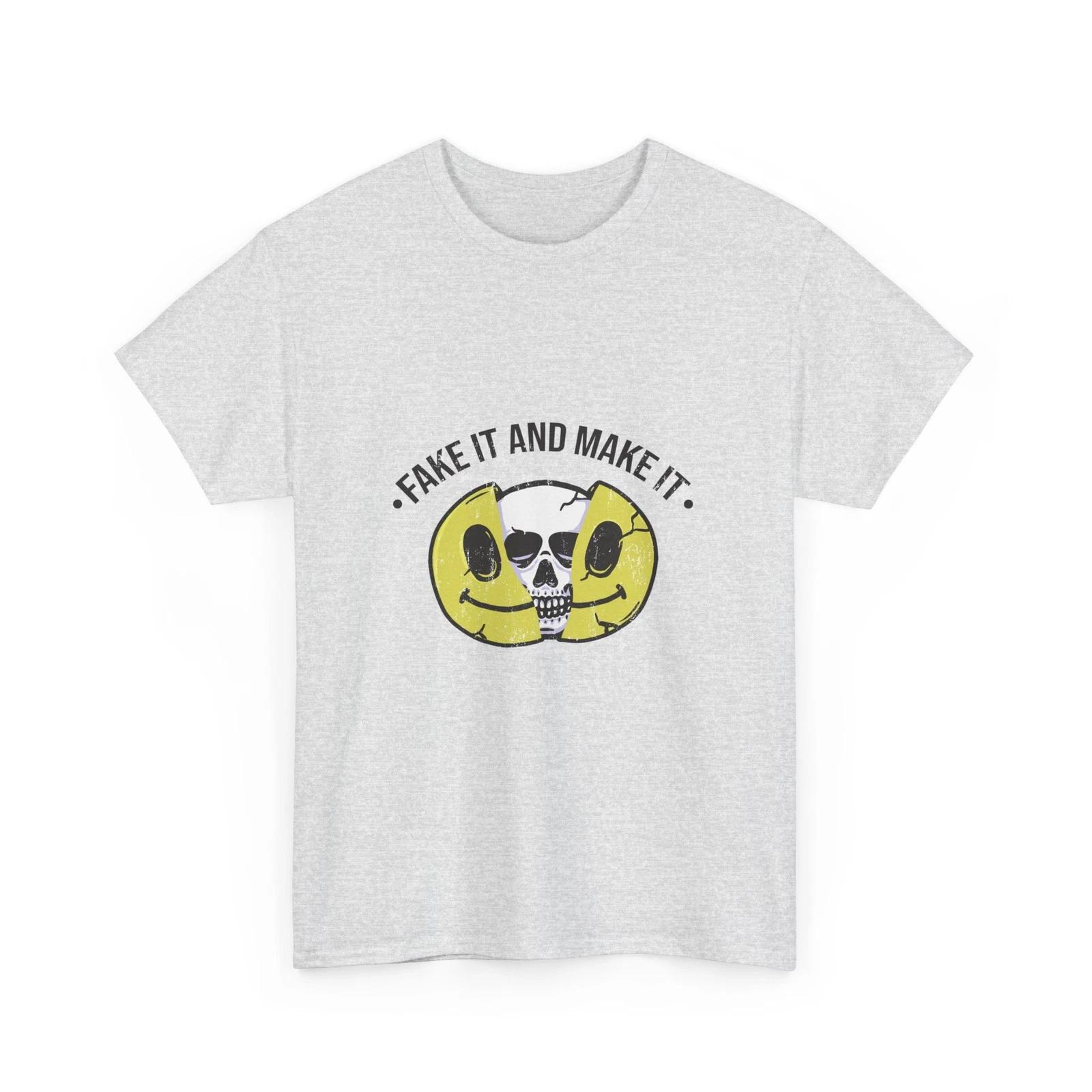 

Fake It and Make It Skull Smiley Tee | Split Face Graphic, Cool Shirt, Smirk L