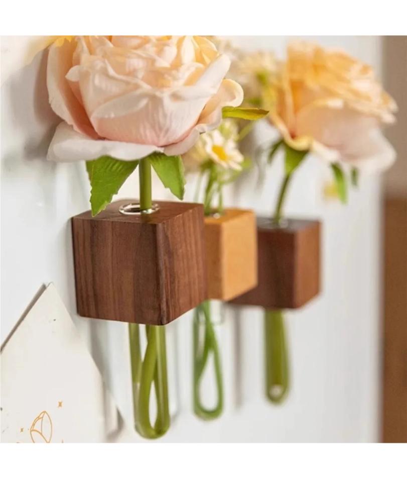 Wooden Test Tube Vase Refrigerator Magnet Hydroponic Plants Propagation Vase Planter Home Kitchen Locker Fridge Decoration
