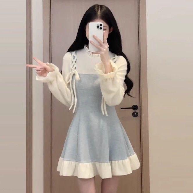 2026 Spring/Autumn Elegant French Style Faux Two-Piece Waist-Cinched Long Dress with Side Split