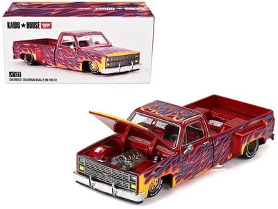 True Scale Miniature Model Car Chevrolet Silverado Dual On Fire V1 Red and Flame Limited Edition Diecast Model Car by Kaido House KHMG127 1/64