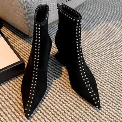 Mode Dames Enkellaarzen 2024 Laag Lente Herfst Winter Puntige Neus Designer Dames Korte Rits Achterkant Sexy Suède Hoge Hakken Moeder Schoenen